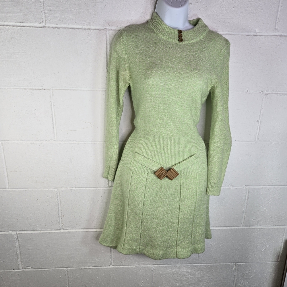 Vintage 70s Light Green Knit Sweater Dress, Mod GoGo Acrylic, Belted - Picture 9 of 10